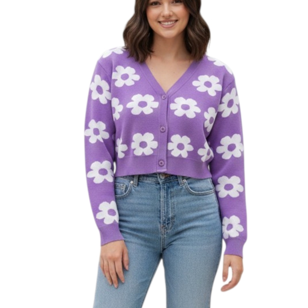 Miss Sparkling Daisy Cardigan Purple Floral Cropped Y2K Knit Sweater Small NWOT